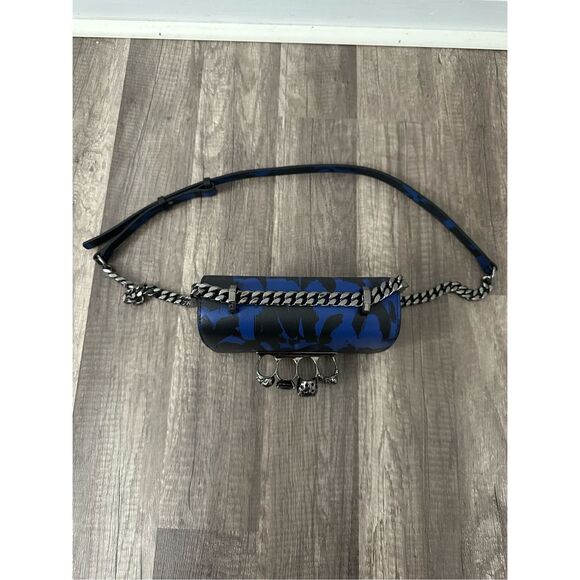 ALEXANDER MCQUEEN GRAFFITI FOUR-RING LEATHER SHOULDER BAG IN BLUE BLACK $2,500 - Picture 6 of 16